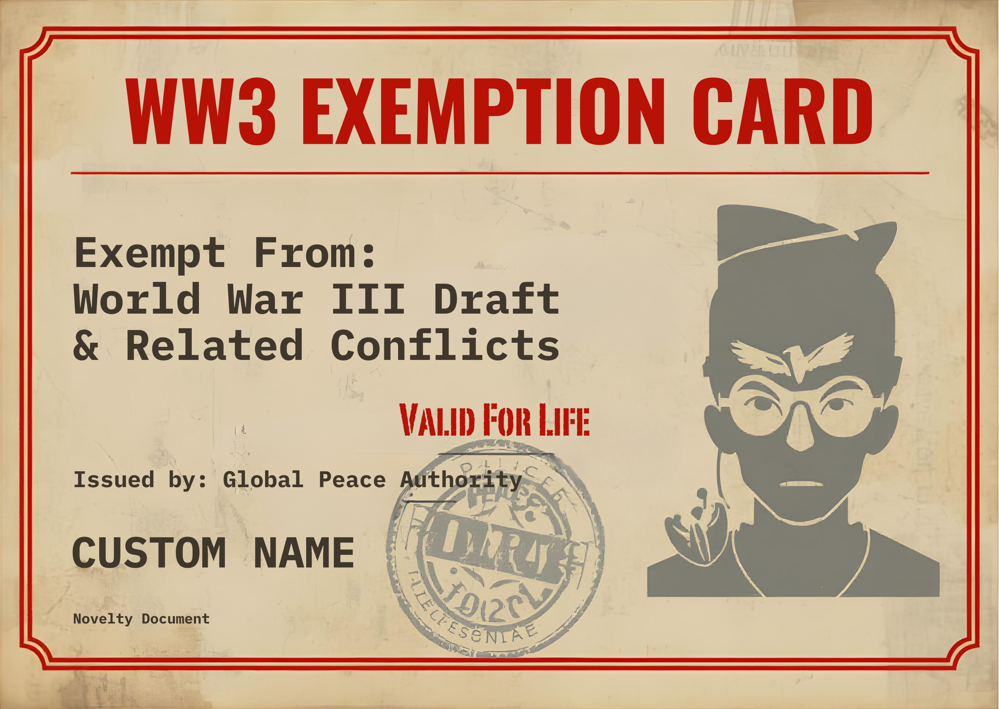 Vintage WW3 Exemption Card - Custom Name - Digital Download